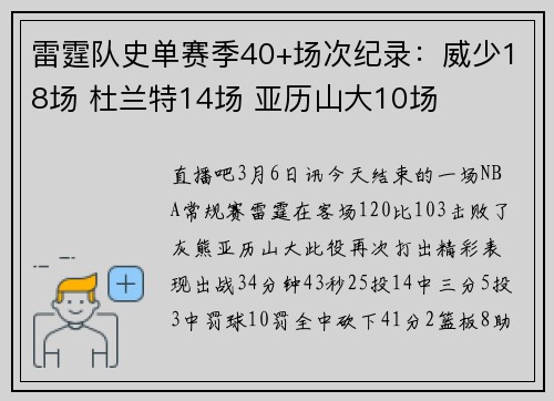 雷霆队史单赛季40+场次纪录：威少18场 杜兰特14场 亚历山大10场